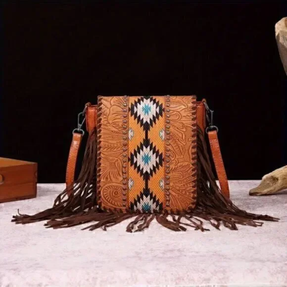 Vintage Bohemian Style Rivet Crossbody Bag, Tassel Aztec Tribal Fringe Purse - Picture 1 of 5